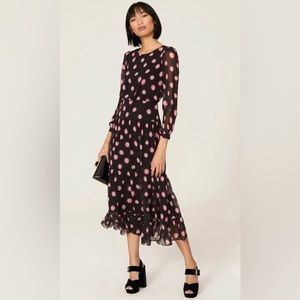 SALONI Isabel Polka Dot Silk Midi Dress Pink Black Womens Size 6/8